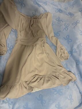 Beige Long-Sleeve Ruffle Hem Women's Dress